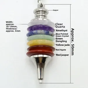Detailed view of Seven Chakra crystal pendulum with layered natural stones and silver copper