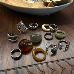 Unique Irregular Resin Ring Cold Style Open Copper Electroplated Versatile Geometric Finger Ring Retro Jewelry For Women