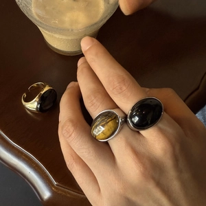 Anillo Abierto de Cobre Vintage Collar Hebilla OT Piedra Natural Ojo de Tigre Obsidiana Oval Cabujón Joyería Geométrica Mujer Regalo
