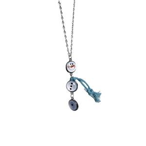 Schattige sneeuwpop knop hanger ketting met lichtblauwe kwast op fijne zilveren ketting