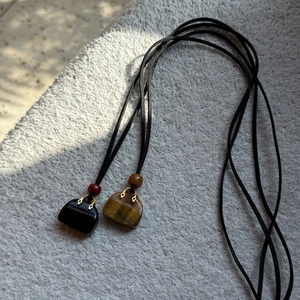 Vintage Natural Stone Mini Bag Pendant Necklace For Women Adjustable Long Wax Cord Sweater Chain Tiger Eye Obsidian Jewelry