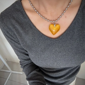 Titanium steel necklace with yellow crystal heart pendant on silver ball chain