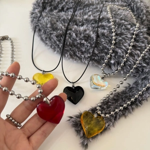 Titanium steel heart pendant necklace set with colorful crystal charms on ball chains