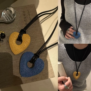Vintage Lava Stone Heart Pendant Necklace Long Black Leather Cord Minimalist Hollow Heart Sweater Chain For Women Niche Jewelry