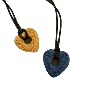 Minimalist long cord necklace with hollow volcanic stone heart pendant in yellow and blue