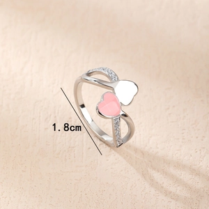 Bague réglable avec cœur en émail rose et zircons en métal argenté, diamètre 1.8cm