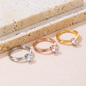 Titanstahl Sechs-Krallen Zirkonia Ring Eleganter Gezogener Schaft Gold Silber Roségold Damen Verlobungsring Schmuck