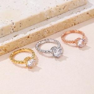 Titanium Steel Six-Prong Zircon Ring Women Rose Gold Silver Beaded Bubble Band Elegant Minimalist Promise Ring Jewelry