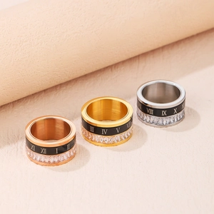 Bague Spinner en Acier Titane avec Chiffres Romains Or Or Rose Argent Zirconia Incrusté Bijoux de Bande Unisexe