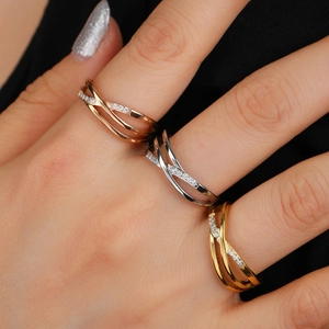 Chic multi-layer crisscross rings with zirconia in rose gold, silver, and gold finishes