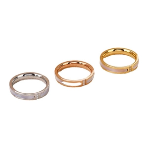 Three-piece set of shell inlay stainless steel rings in silver, rose gold, and gold finish