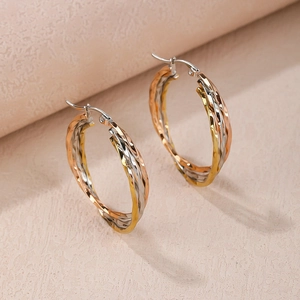 French Vintage Tri-color Twisted Hoop Earrings For Women Titanium Steel Minimalist Round Twisted Rope Circle Jewelry With Silver Post