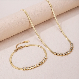 Minimalist Gold Plated Stainless Steel Zirconia Inlaid Herringbone Chain Necklace Bracelet Set For Women Fashion Jewelry