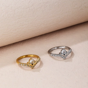 Vintage Roestvrij Staal Hart V-vormige Kroon Ring Voor Vrouwen Luxe Strass Ingelegde Verstelbare Vinger Sieraden Cadeau