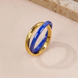 Modern Stainless Steel Interlocking Double Ring For Women Ceramic Style Zirconia Inlaid Minimalist Fashion Ring Jewelry