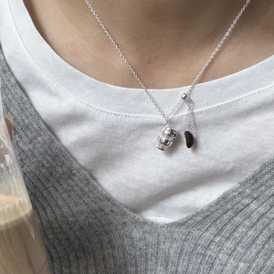 Minimalist silver chain necklace featuring creative coffee bean and cup charms for women