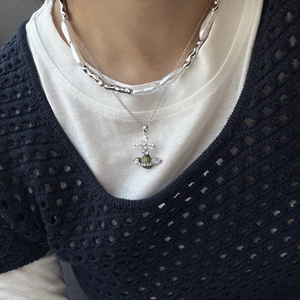Double-layered Saturn pendant necklace with baroque pearls and silver-toned chains for women