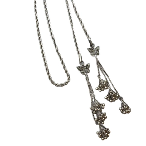 Vintage boho long tassel necklace with butterfly motifs and ethnic bell pendants