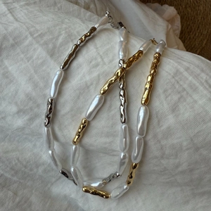 Baroque Imitation Pearl Necklace Alloy Irregular Metal Tube Clavicle Chain For Women Minimalist Fashion Jewelry Gold Silver