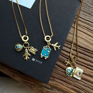 Vergulde Titaniumstaal Box Ketting Reizen Vliegtuig Globus Camera Koffer Hanger Halsketting Voor Vrouwen Vakantie Sieraden