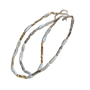 Baroque irregular pearl layered necklace with gold and silver beads in minimalist style