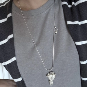 Long silver adjustable sweater necklace featuring white pearl grape cluster pendant