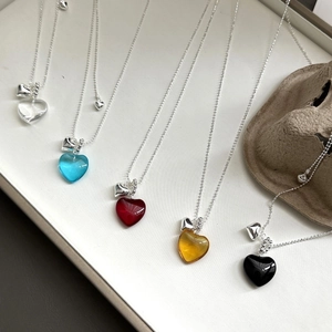 Damen Koreanischer Stil Kristall Herz Anhänger Halskette Verstellbare Silber Farbe Kugelkette Süßer Herzform Schmuck Geschenk