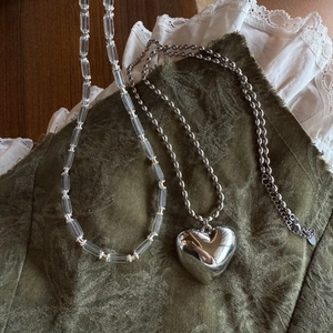 Silver ball chain necklace with large heart pendant and transparent beaded choker set