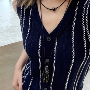 Titanium steel leopard heart necklace with blue knit vest and beaded fringe tassel