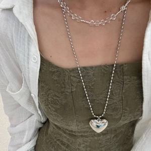 Vintage Stainless Steel Heart Pendant Necklace Silver Color Faceted Crystal Beads Layered Long Chain Minimalist Jewelry For Women