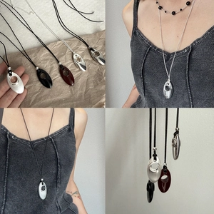 Minimalist Alloy Hollow Oval Water Drop Pendant Necklace Long Black Leather Cord Fine Metal Chain For Women Fashion Jewelry