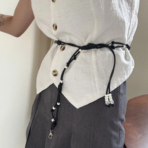 New Chinese Style Woven Waist Chain Faux Leather Braided Rope Belt With White Beads Silver Tassel For Women Fashion Accessory