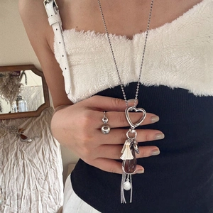 Vintage water drop heart pendant necklace with long cream fringe tassels and boho silver ring