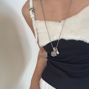 Long titanium steel sweater necklace with natural dalmatian stone grape bead pendant