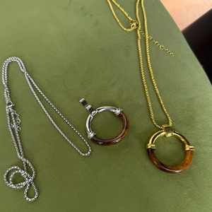 Minimalist stainless steel necklaces with amber resin rings in gold and silver finish