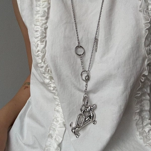 Minimalist silver dachshund puppy long pendant necklace with chic bead chain for women