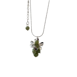 Silver grape cluster necklace with green natural stone beads and adjustable chain link