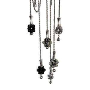 Silver bead pendant necklaces featuring natural stone and polished metallic accents