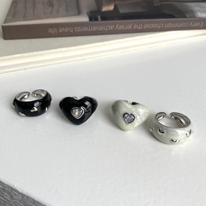 Korean Style Enamel Heart Open Ring For Women Copper Zirconia Inlaid Adjustable Geometric Black Artificial Pearl White Drip Oil Finger Jewelry Gift