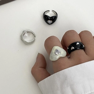 Minimalist black and white enamel heart rings with zircon inlay and open adjustable bands