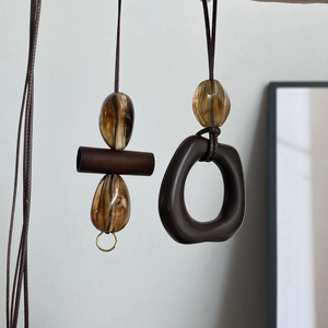 Brown marble bead long tassel necklace with geometric pendant for sweater accessorizing