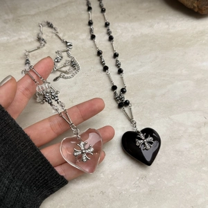 Gothic style black heart and pink resin cross pendant necklaces with beaded chains