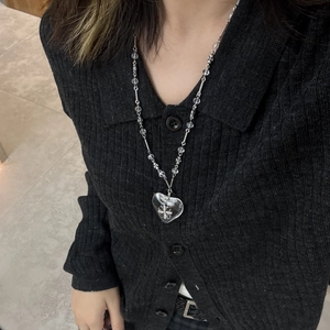 Gothic heart cross pendant necklace in silver chain and clear beads for women