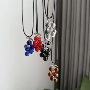Minimalist Glass Grape Cluster Pendant Necklace With Silver Color Alloy Leaf Detail Adjustable Black Rope Chain Jewelry For Women