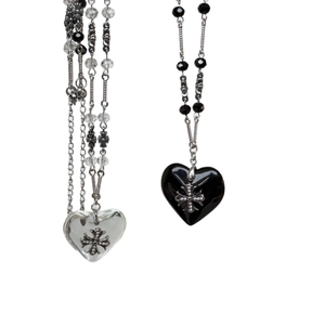 Gothic style black and clear heart cross pendant necklaces in stainless steel finish