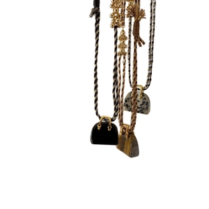 Minimalist tiger eye stone handbag pendant necklace with boho woven rope and fringe tassel