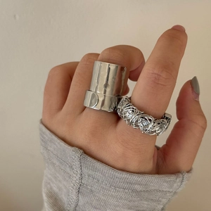 Modern wide silver hollow ring and woven geometric band for women in a chic style