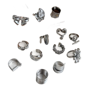 Collection of silver-plated hollow geometric brass rings in various stylish designs