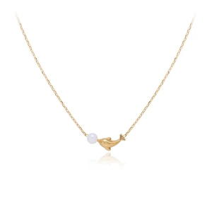 Minimalistische goldene Titanstahl-Halskette mit Delphin-Anhänger und weißer Perle