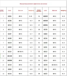 Size chart table with length and weight for stainless steel heart flower necklaces
